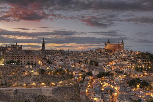 Evening twilight with lights of houses in Spain