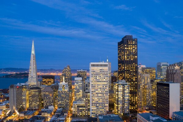 Business centers and skyscrapers in the evening