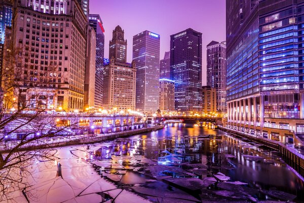 Lights of skyscrapers of winter Chicago