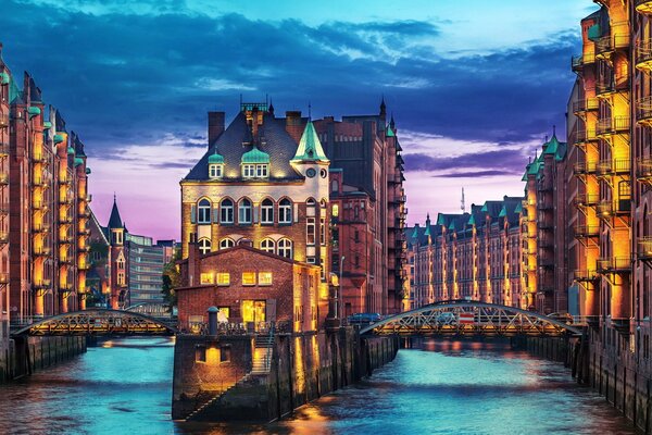 The city of Hamburg in Germany. River between buildings