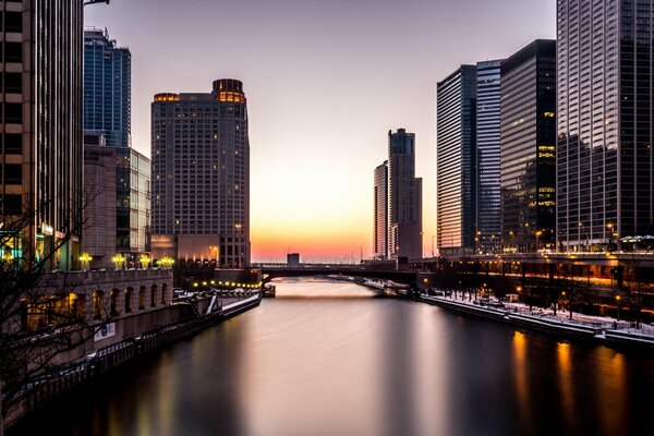 Evening lights of skyscrapers in Chicago