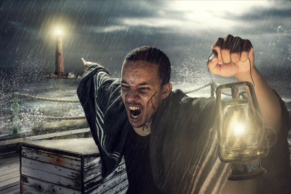 Storm. The man pointing at the lighthouse