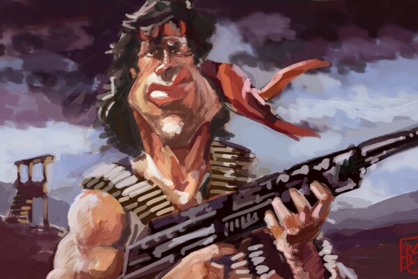 Drawing of Sylvester Stallone with a gun