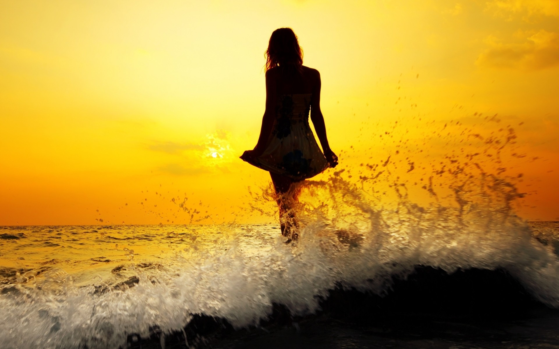 widescreen sunset wave hair full screen background a woman girl river form wallpaper dress sea wet silhouette mood balloon water sun