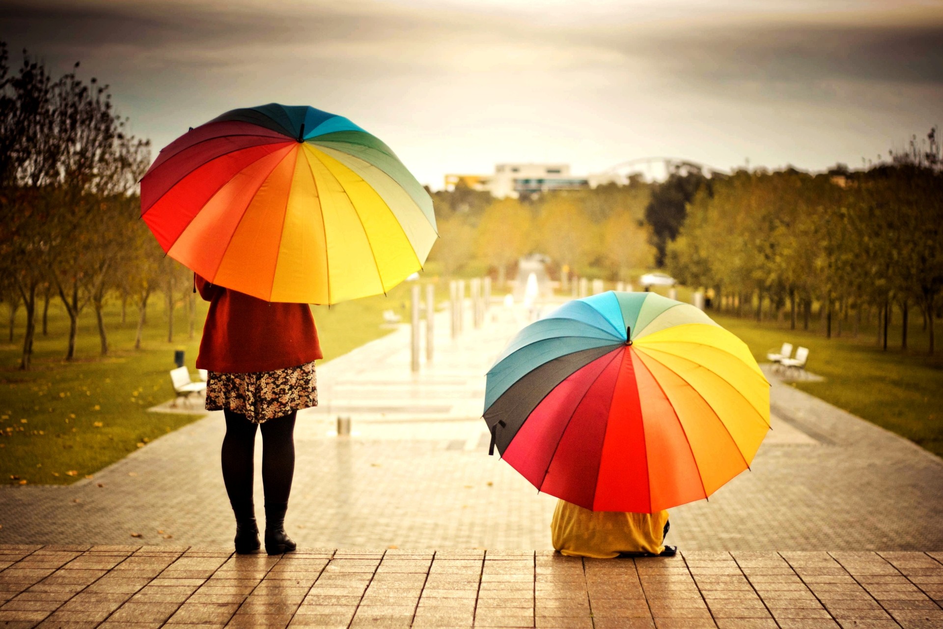 widescreen positiv mädchen stimmung tapete hintergrund bäume schirme stadt regenschirm frau farben vollbild hell menschen