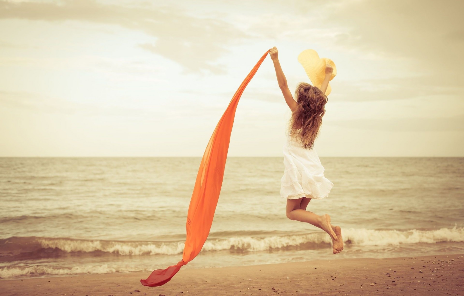 widescreen fullscreen happiness background joy girl nature wallpaper dress up mood water beach fun jump river shawl sea sand