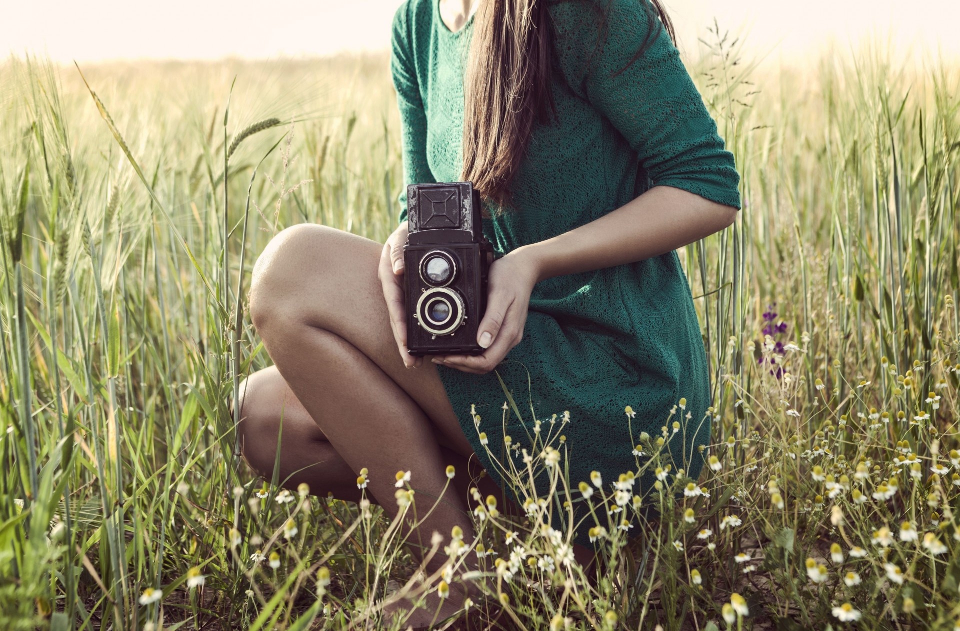 widescreen full screen the camera girl green mood background feet wallpaper brunette dress the field grass meadow