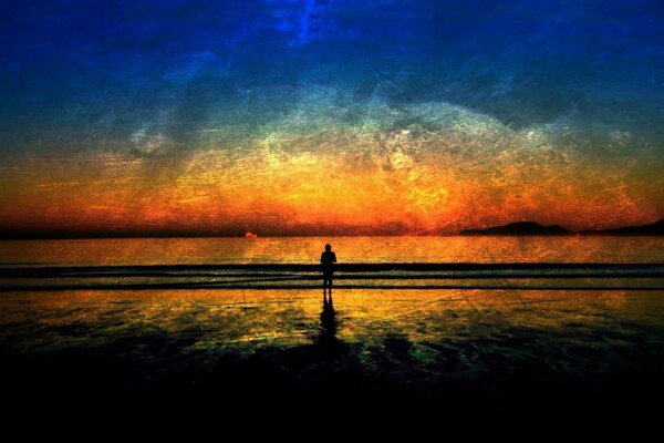 Drawing of a lonely man on the seashore. Sunset