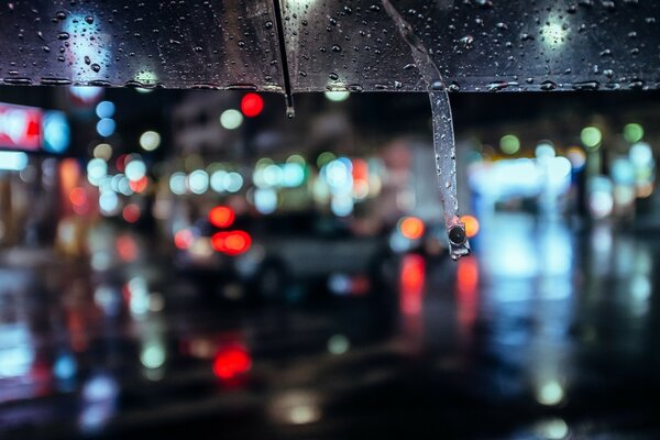 At night in the rain under an umbrella on the road