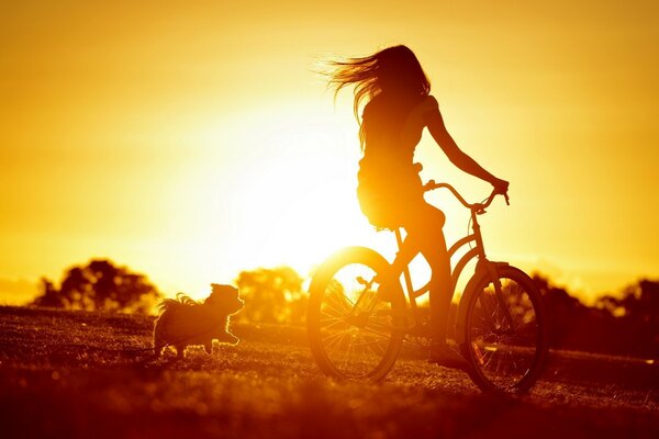 Chica monta una bicicleta al atardecer