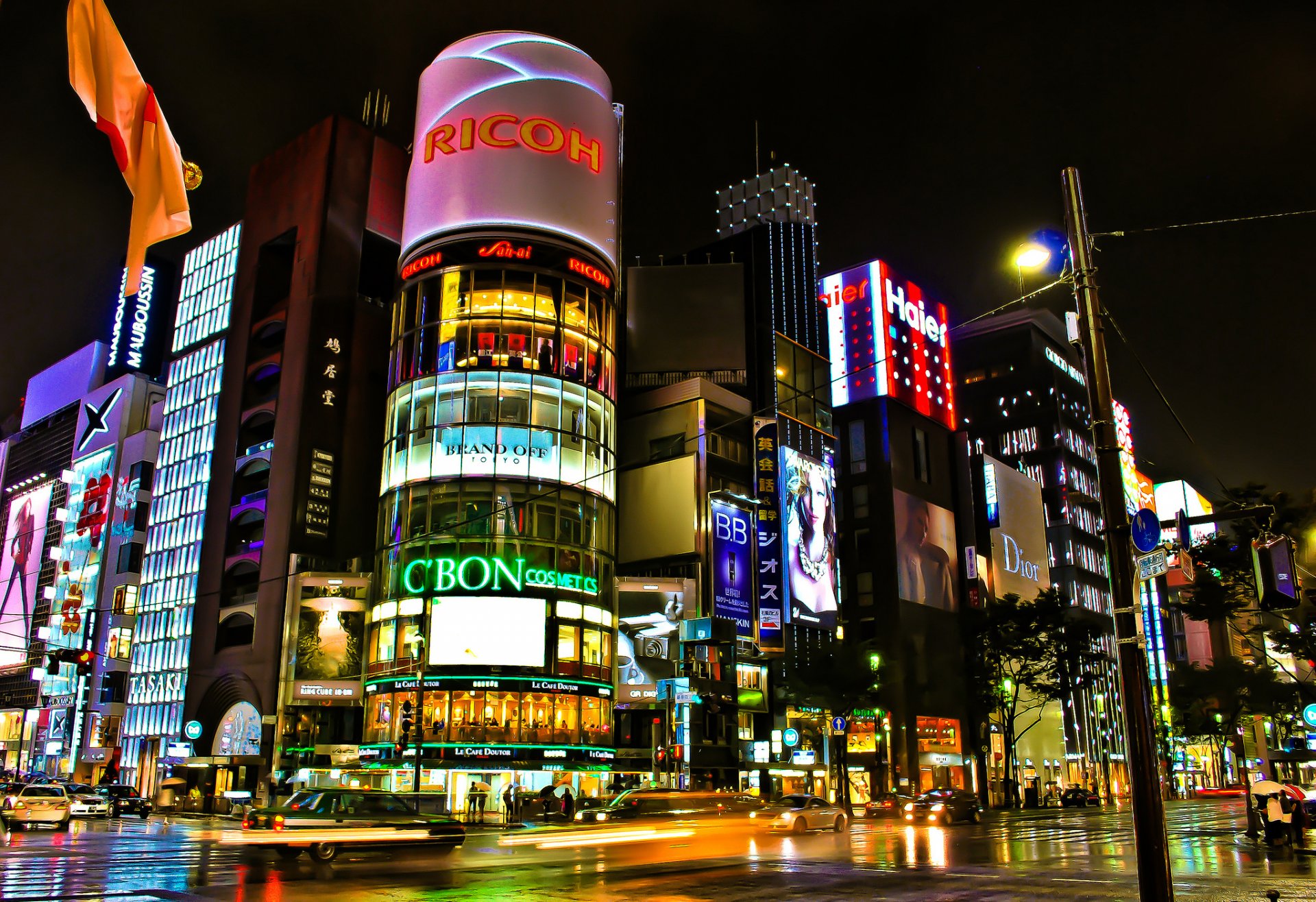 tokyo giappone città costruzioni negozi via strada esposizione incrocio luci notte