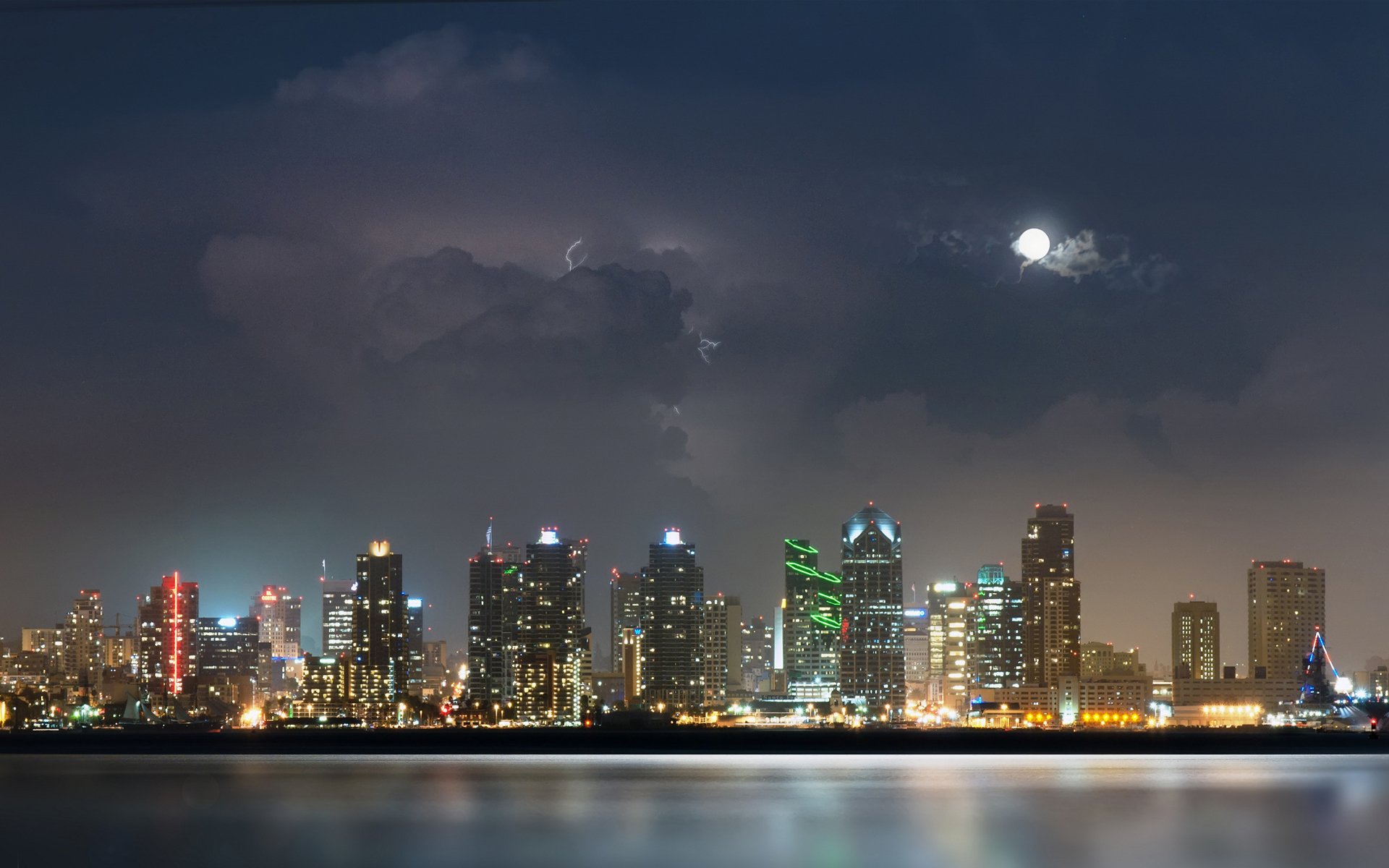 san diego stadt nacht fluss wasser lichter mond wolken gewitter blitze wolkenkratzer