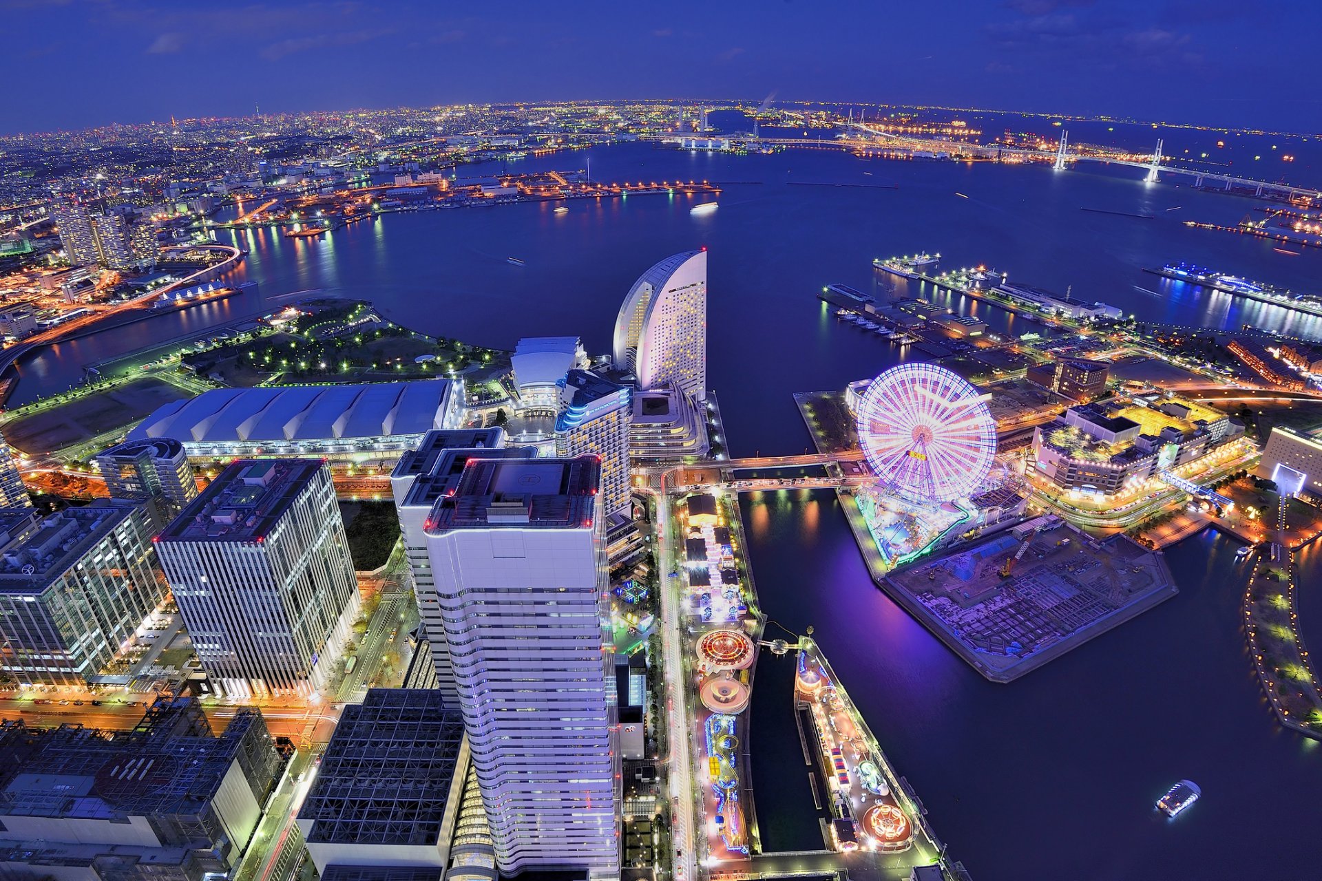 japan yokohama yokohama megapolis buildings houses ferris wheel bay night blue sky lights illumination view height panorama