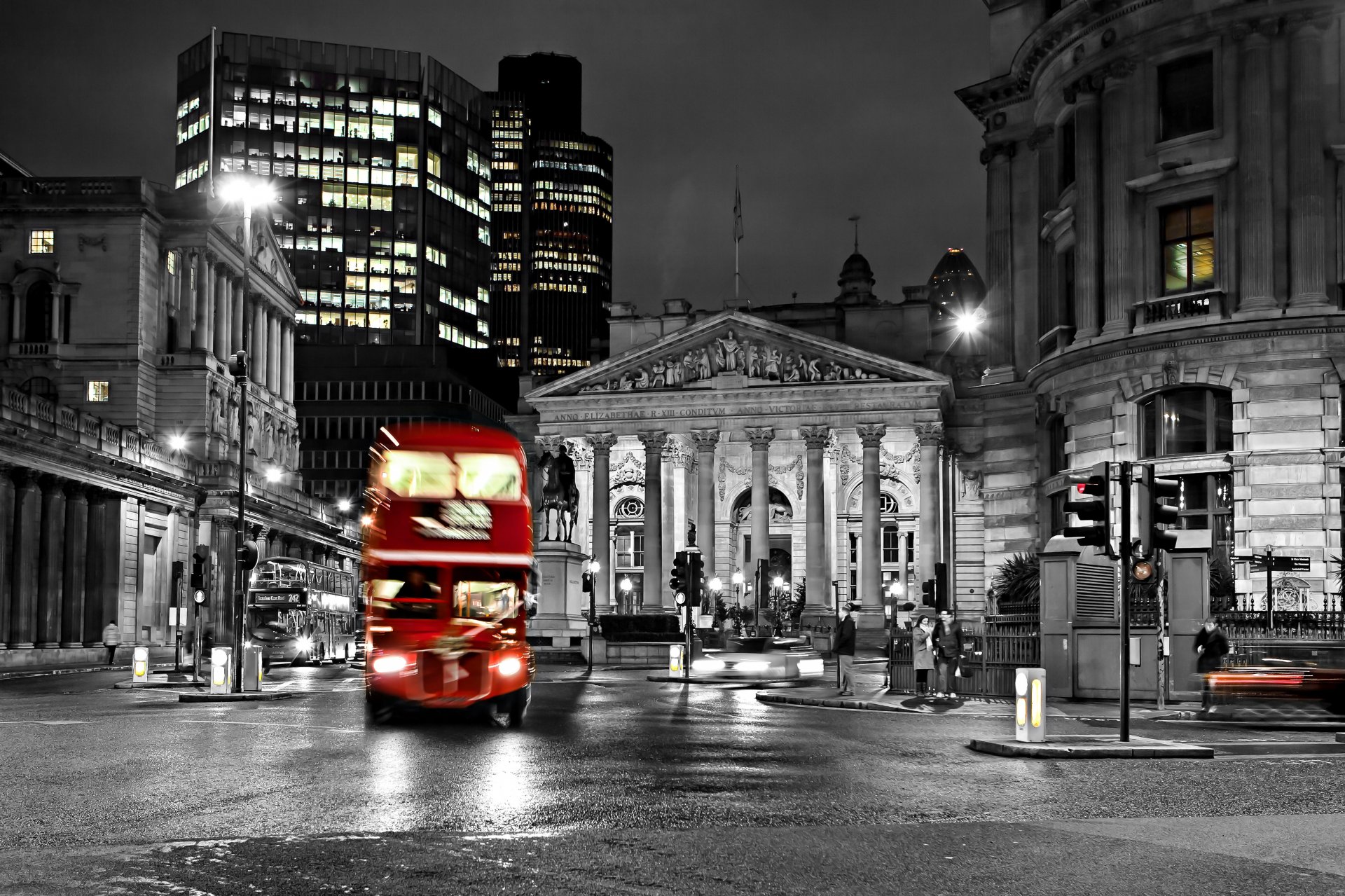 londres inglaterra autobús noche luces punto calle carretera ciudad blanco y negro luces desenfoque