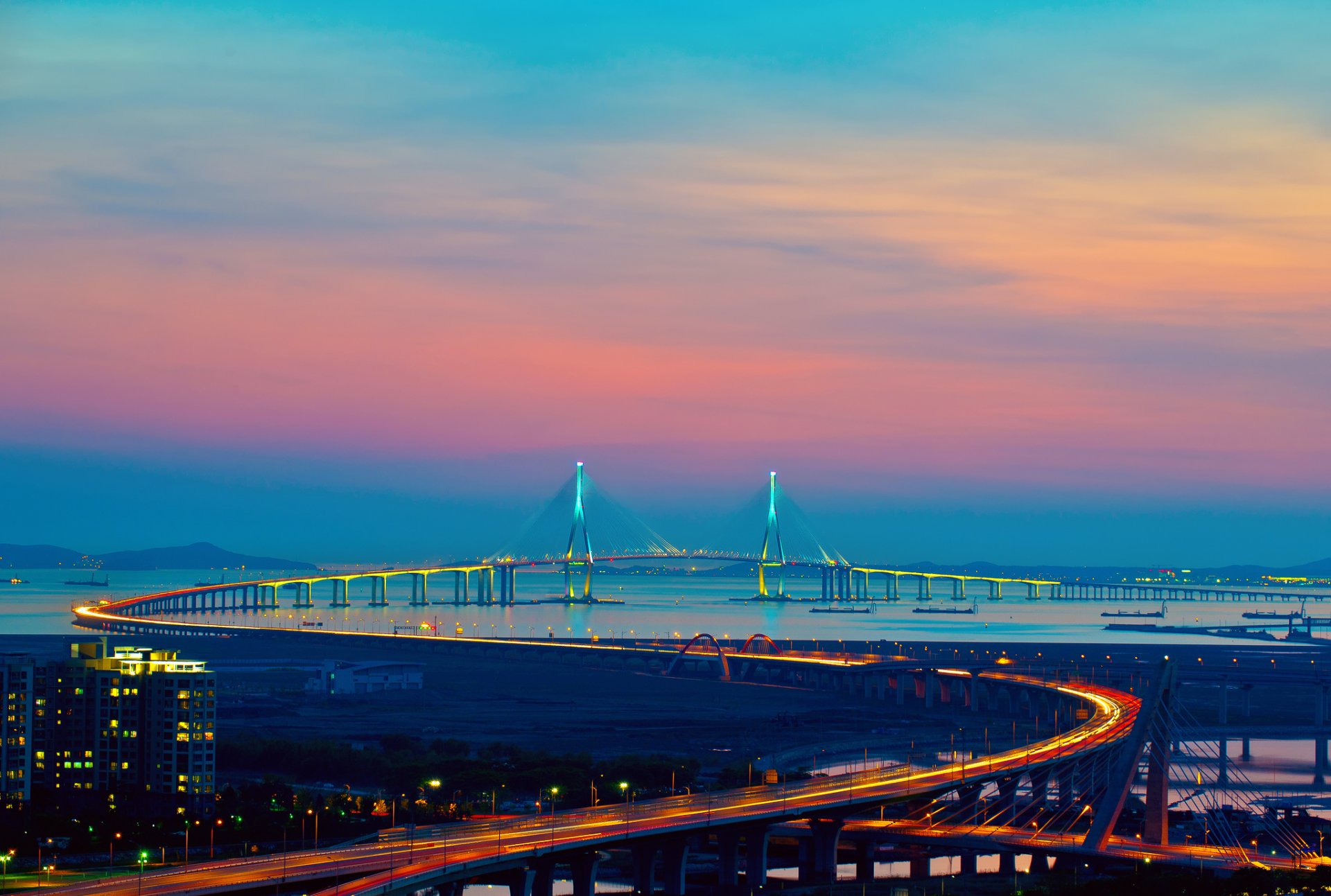 ciudad incheon corea puente luces