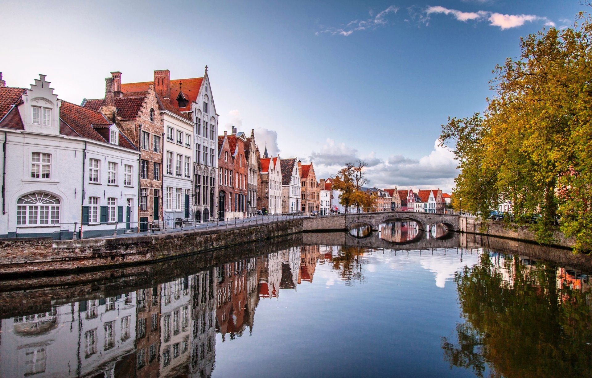 bruges belgium city houses water bridge trees autumn