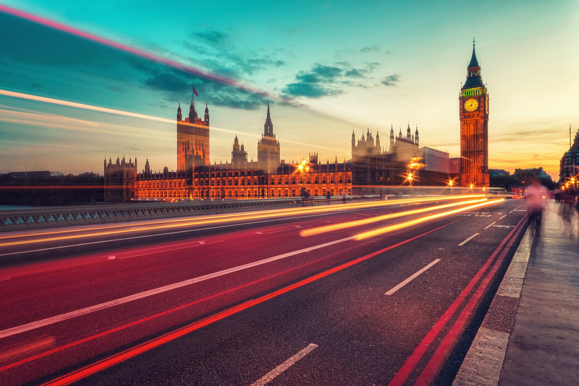 großbritannien england stadt london abend nacht parlament westminster big ben elizabeth tower straße lichter licht belichtung