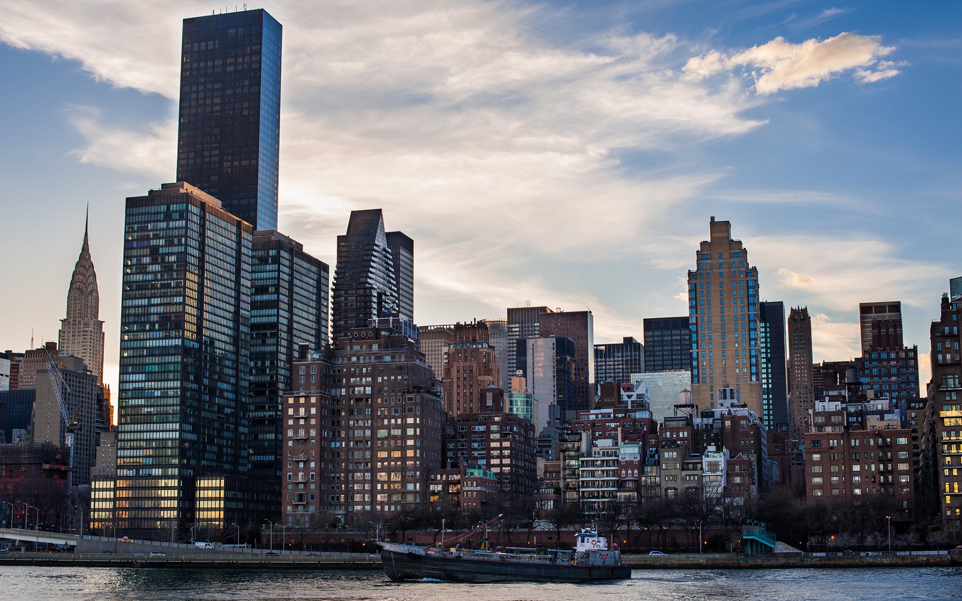 united states new york city skyscraper ship morning