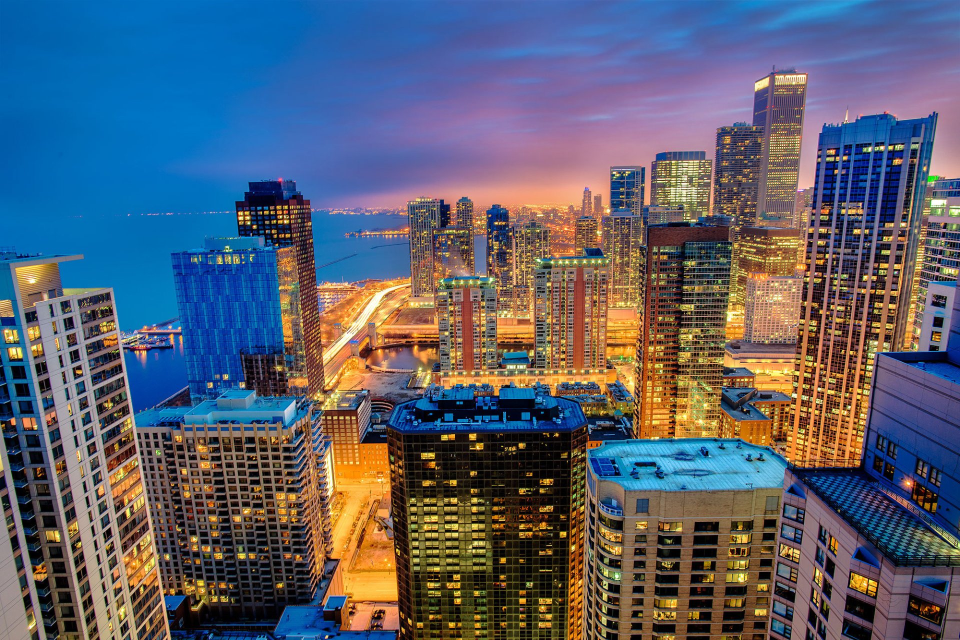 usa chicago illinois ville nuit gratte-ciel bâtiments éclairage lumière vue hauteur panorama