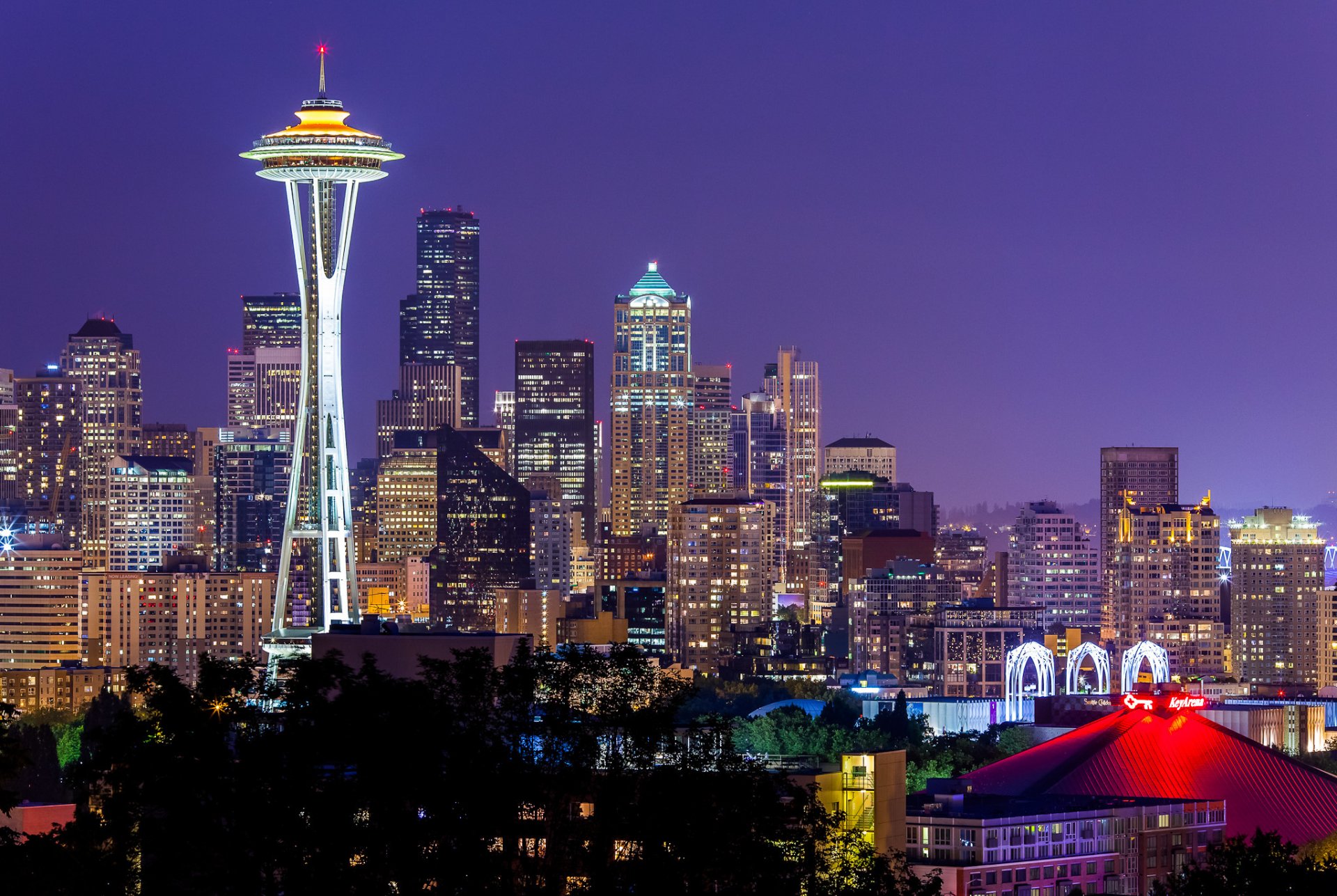 usa washington seattle space needle city night lights violet sky united states town lilac