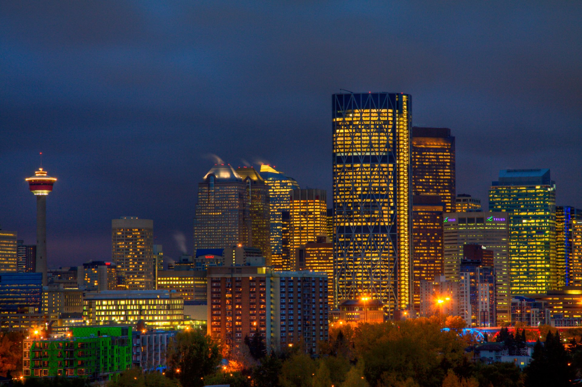 canadá calgary alberta ciudad edificios rascacielos torre árboles linternas luces iluminación azul cielo noche