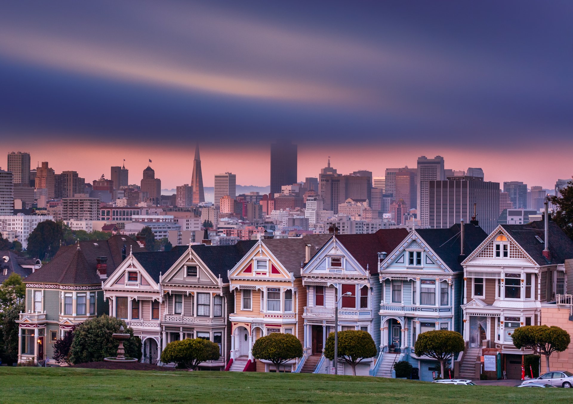 états-unis californie san francisco alamo square ville maisons arbres soirée ciel traitement