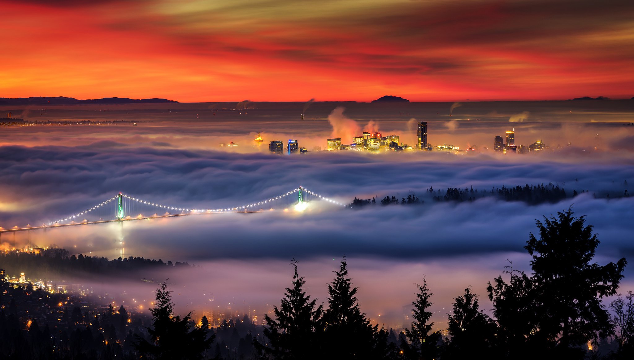 canada british columbia west vancouver winter morning house lights bridge fog alexis birkill photography