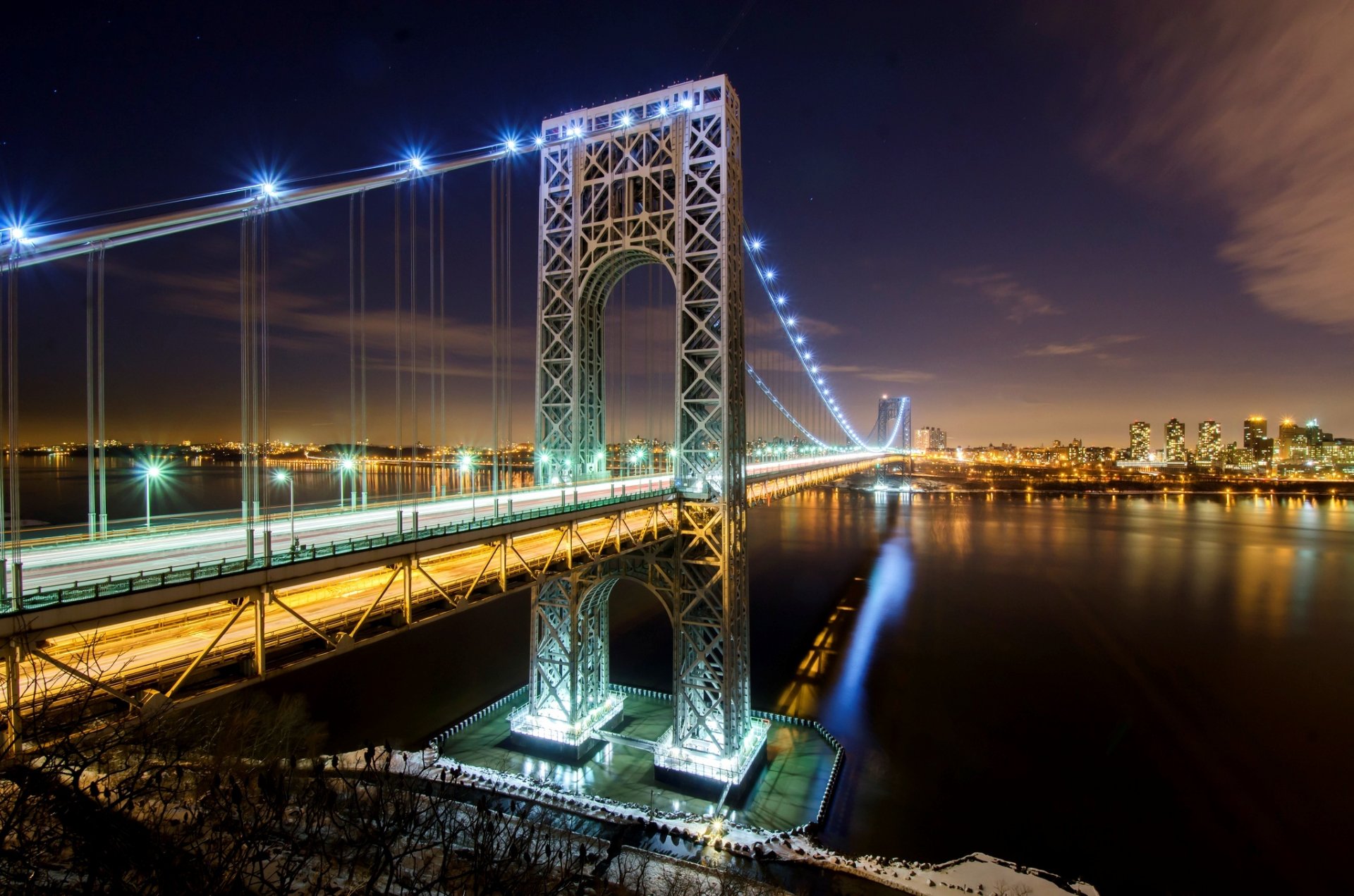 new york usa george washington bridge new jersey manhattan hudson river hudson river city night lights road light