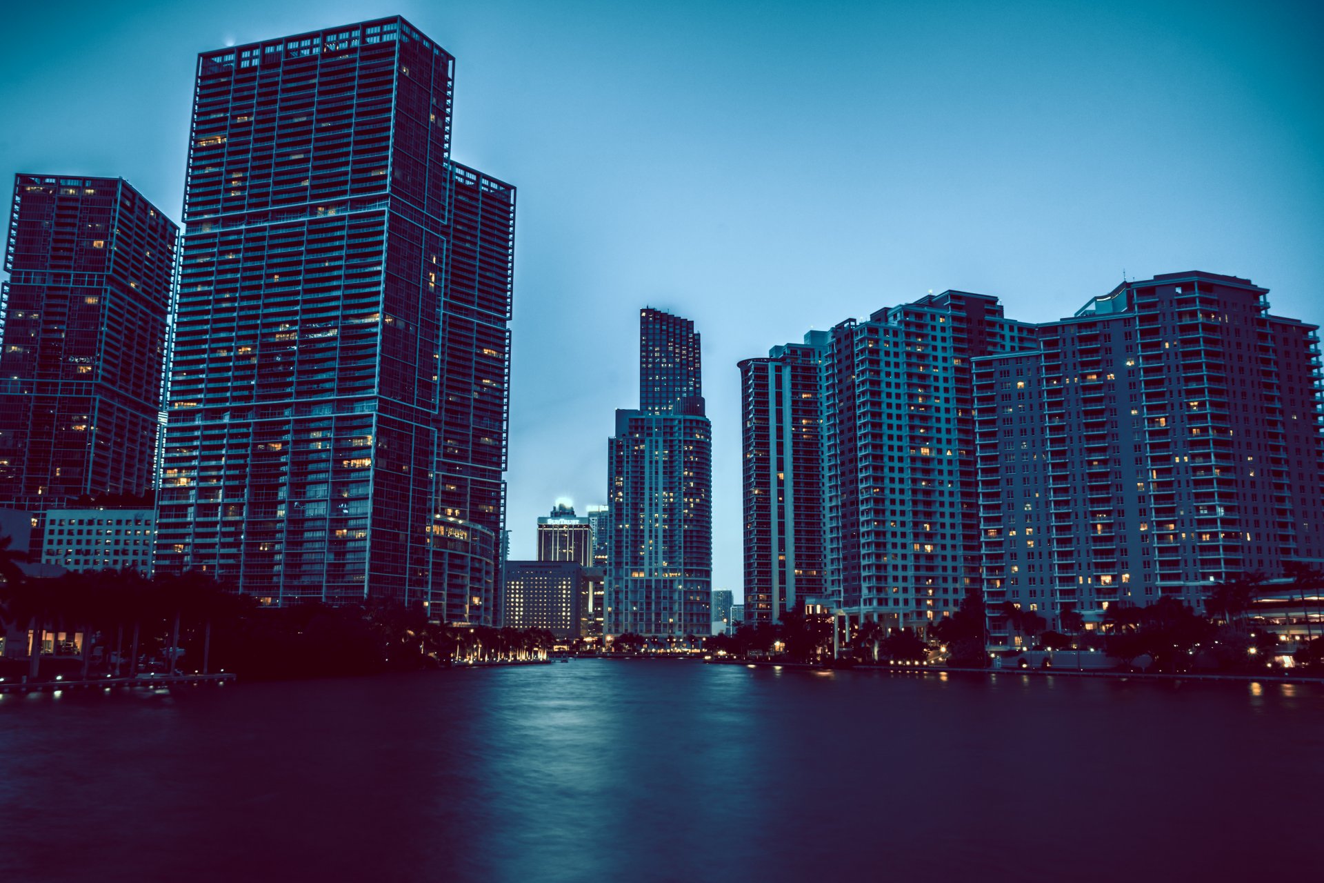 miami florida abend lichter wasser häuser wolkenkratzer