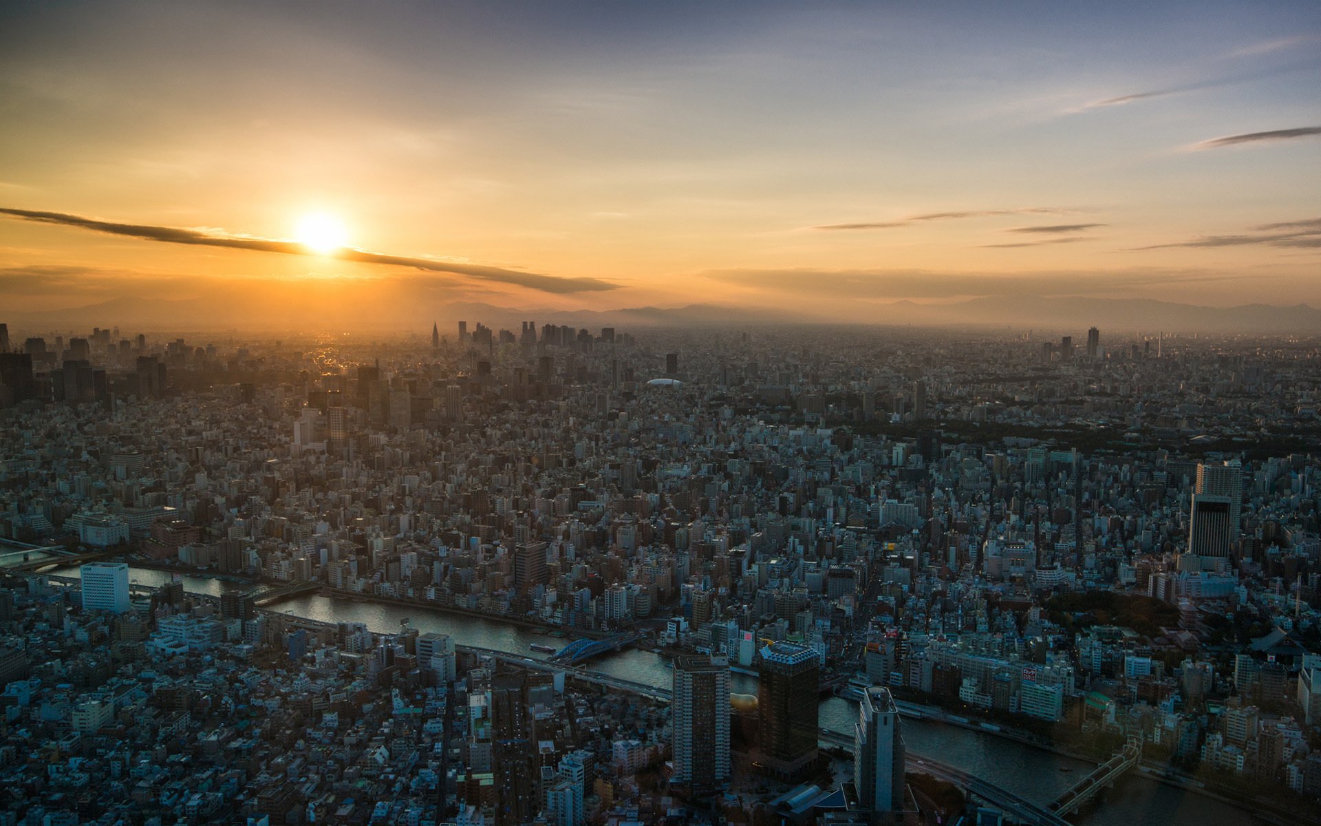 tokio stadt ansicht dämmerung sonnenuntergang fluss