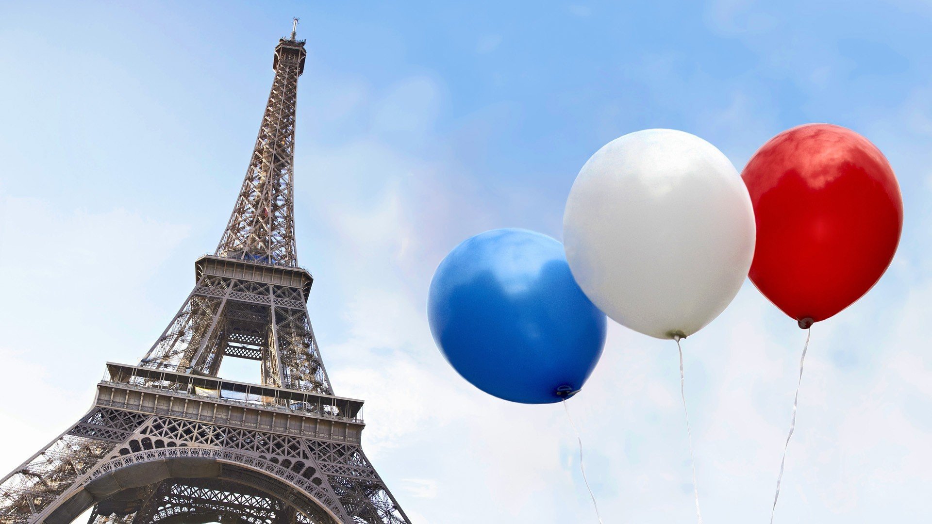 france paris town eiffel tower sky balloons blue white red