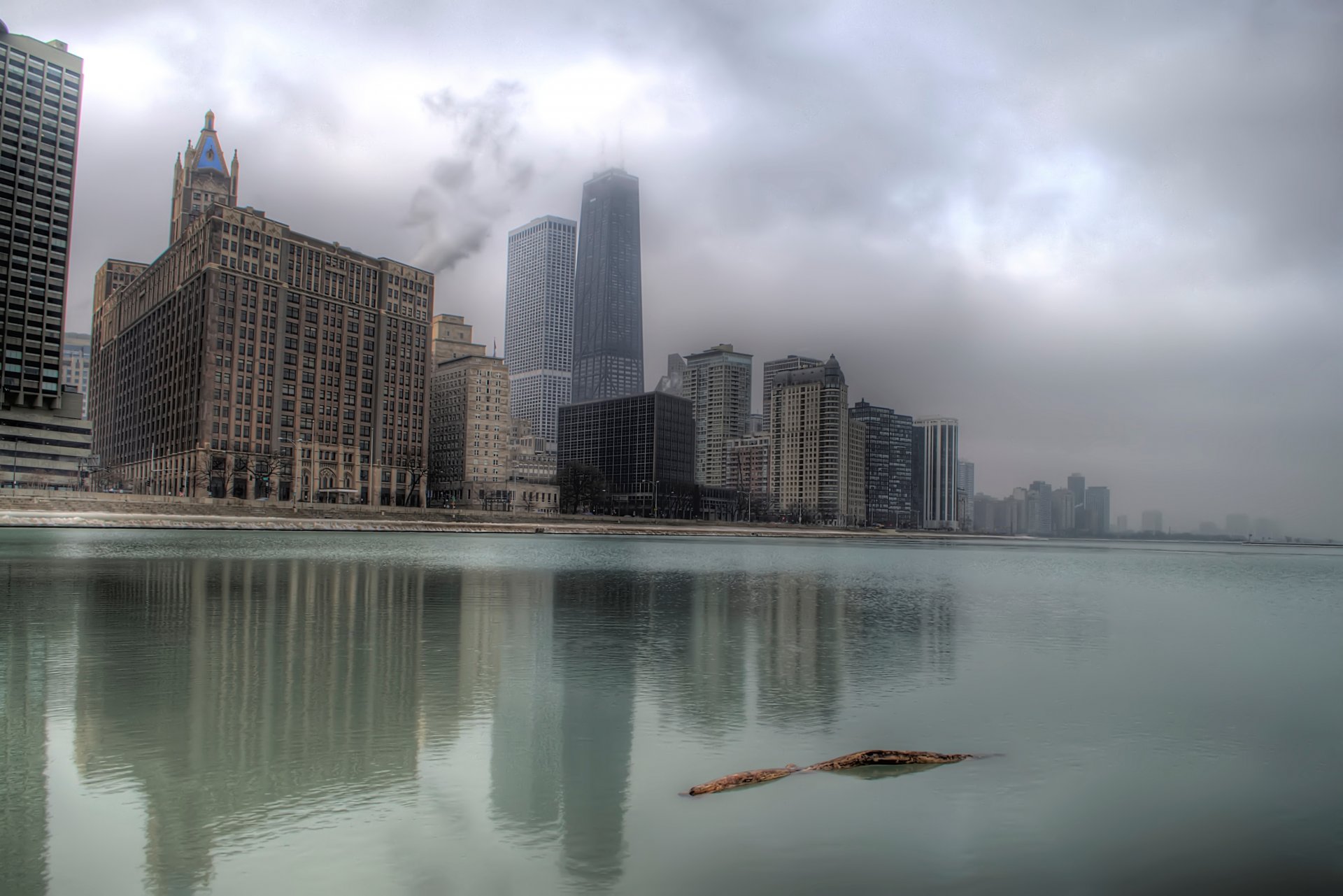 illinois chicago usa ameryka budynki drapacze chmur niebo wieżowce mgła jezioro michigan