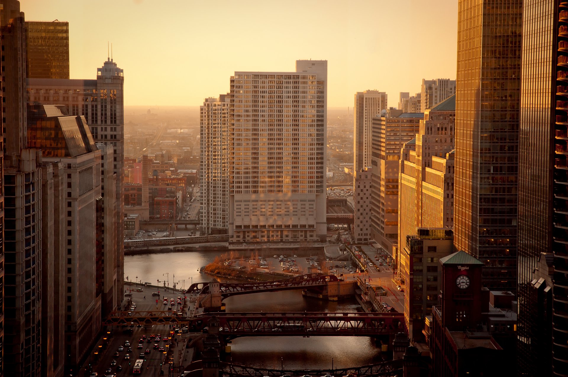 chicago usa morning town house river bridge