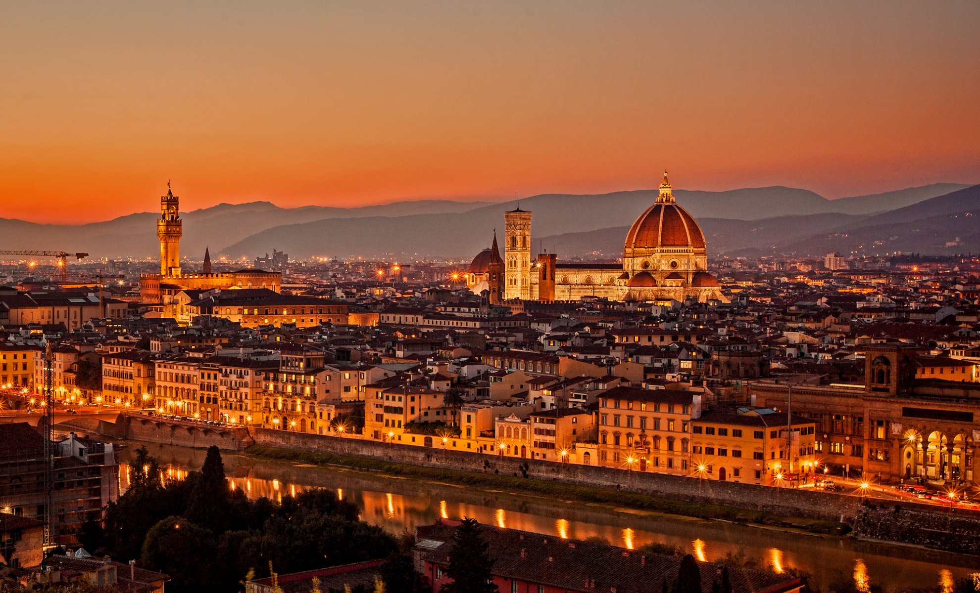 italy firenze florence la cattedrale di santa maria del fiore tuscany santa maria del fiore cathedral town night sunset views panorama lights architecture house buildings bridge