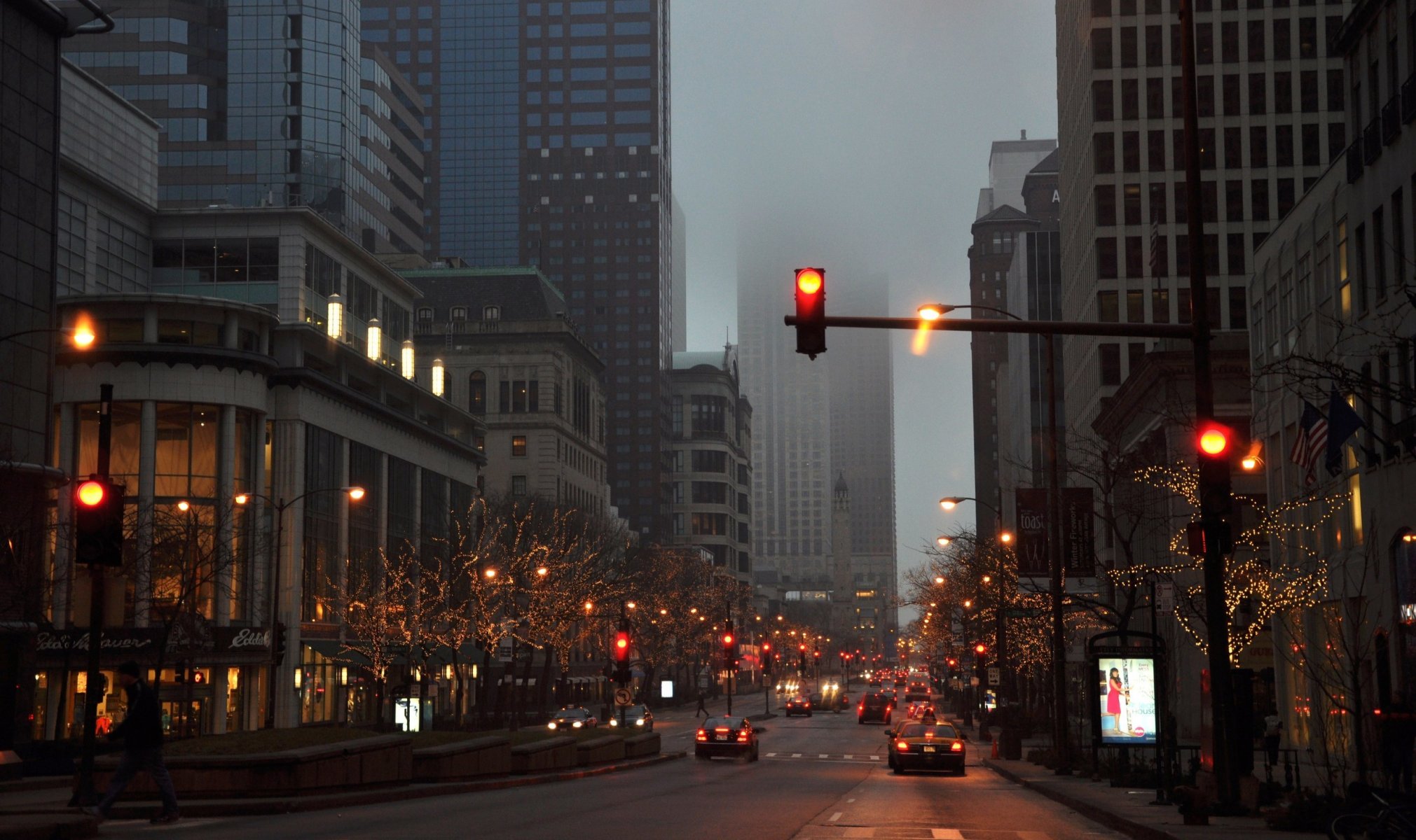 town fog rain street machinery car chicago night light