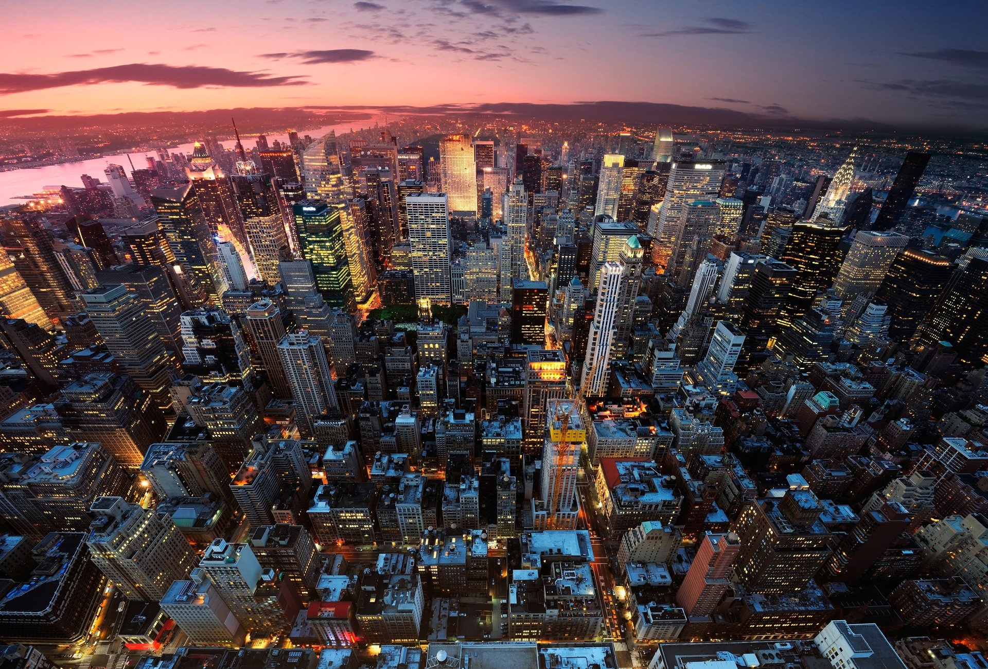 new york manhattan usa city panorama evening sunset lights lights houses buildings skyscrapers skyscraper