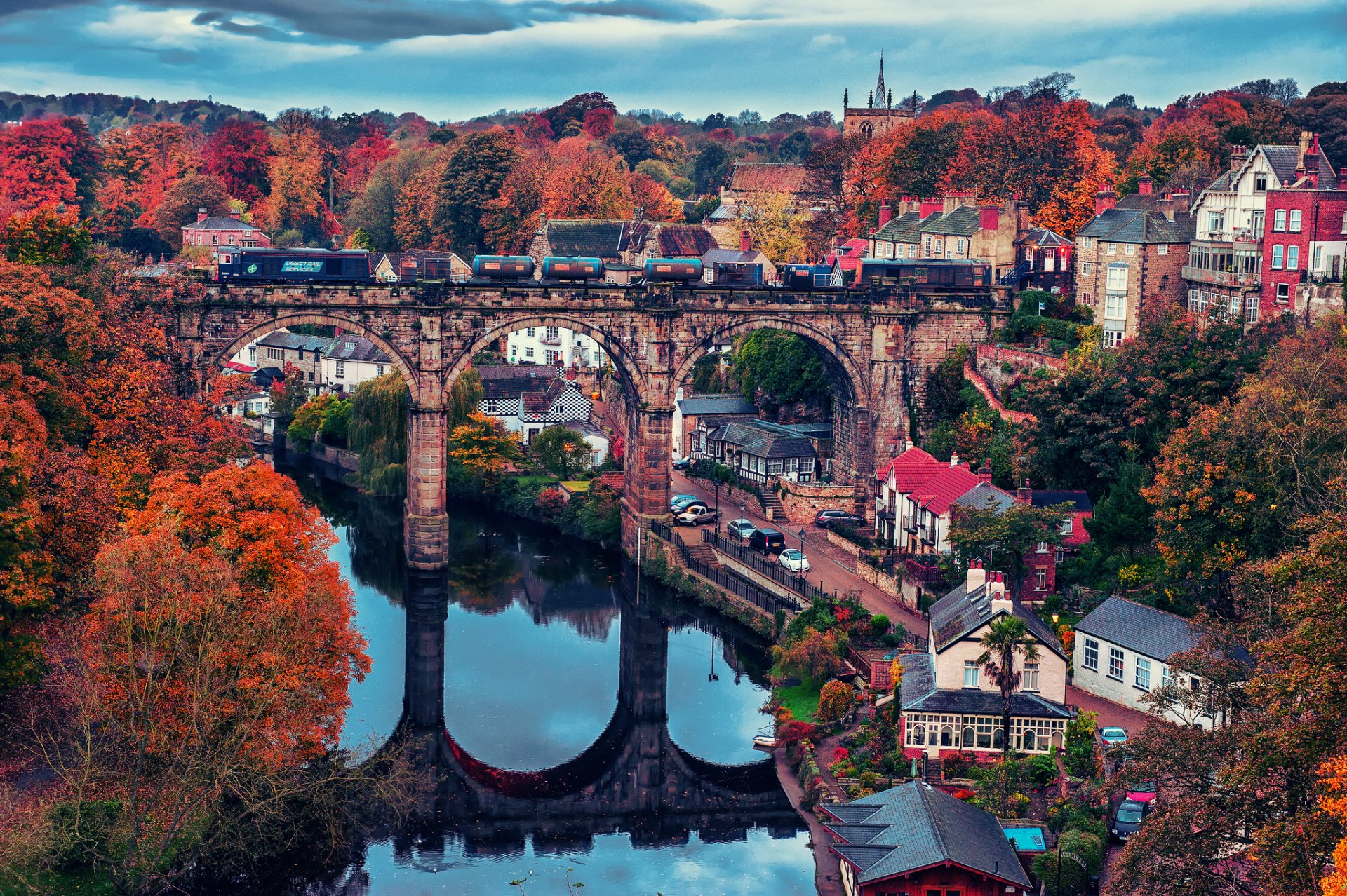 town train autumn house river sky paint