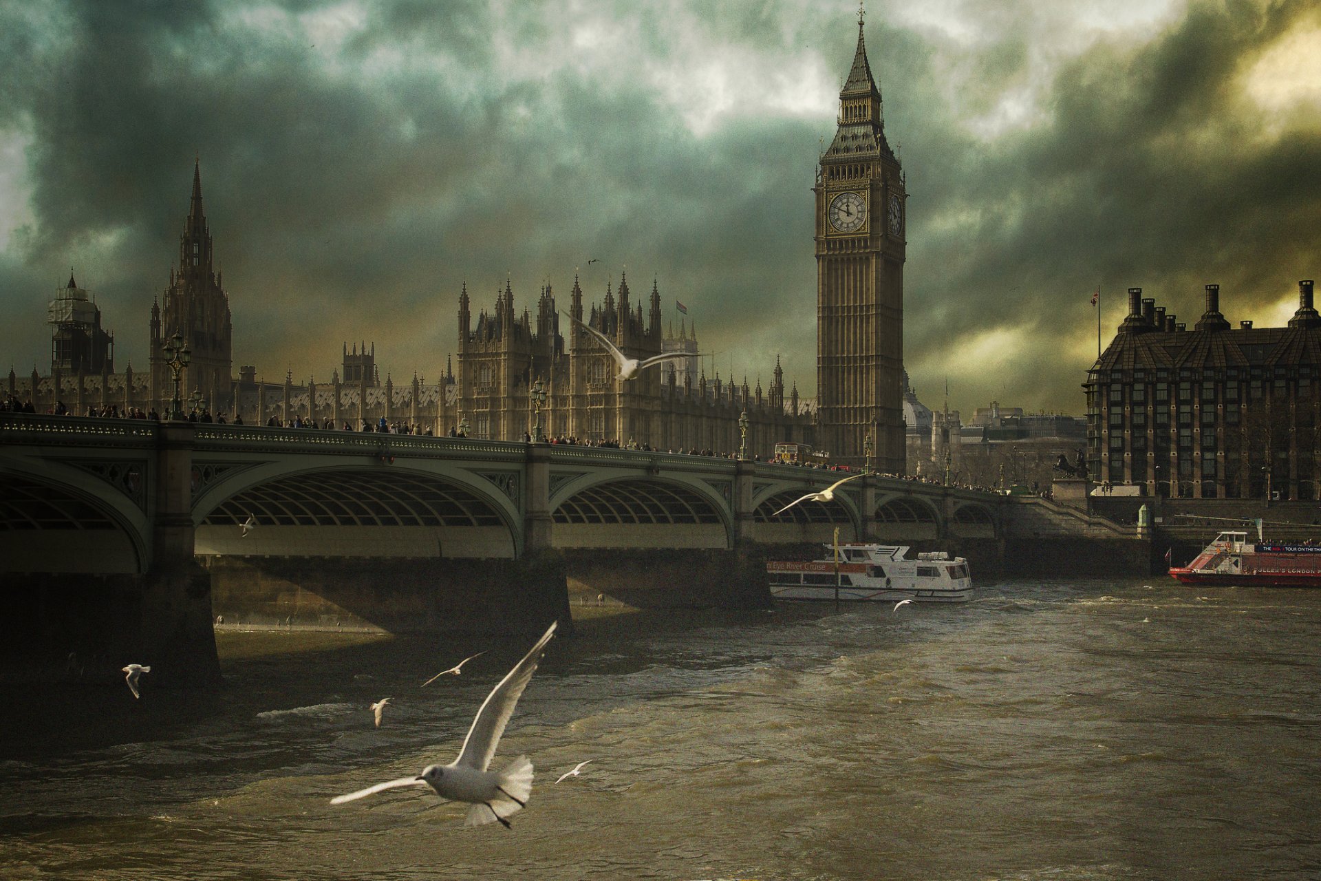 england london brücke fluss vögel möwen wolken