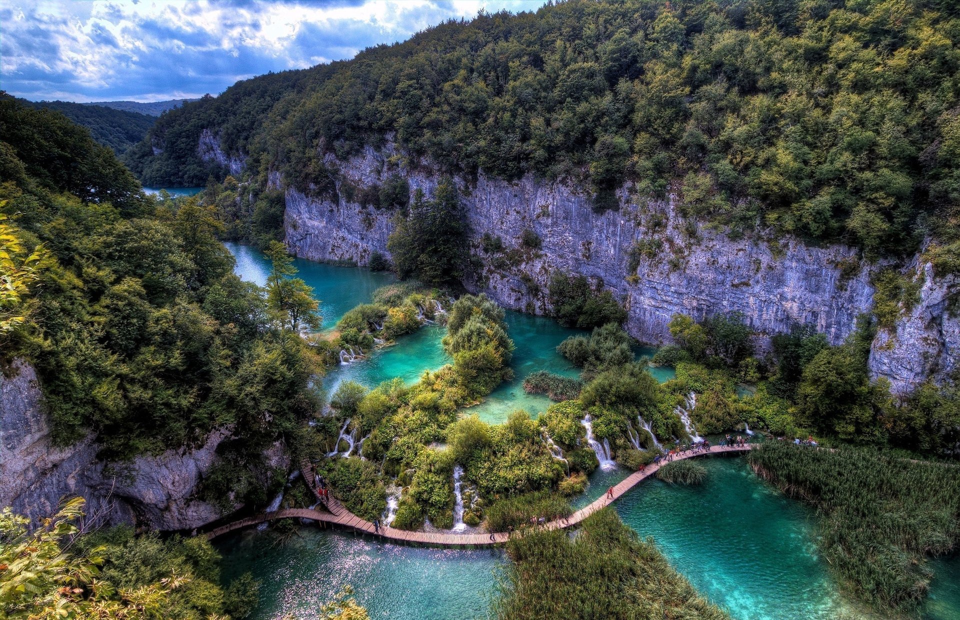 landscape bridge trees water mountains people nature