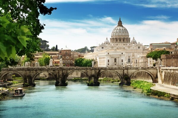 St. Mark s Basilica in Italy on the background of the sky , river and bridge