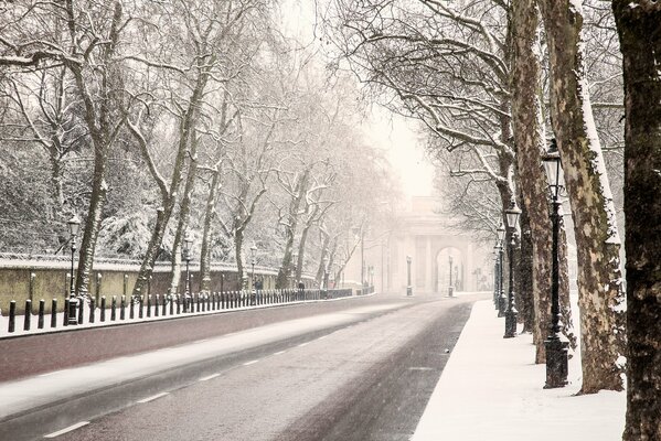 Die englische Winterstraße zwischen den Bäumen, die mit Laternen in Richtung eines Bogens führt