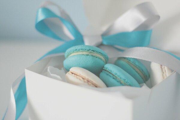 Blue and white cookies in a white box with a blue and white ribbon on a white background