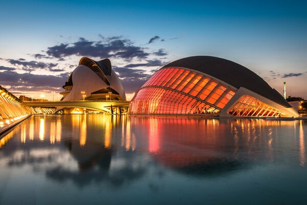 Unusual architecture at sunset. Lots of lights