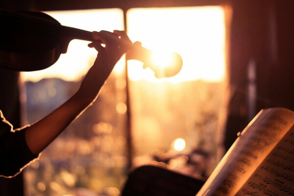 Light in the window and a violin with notes