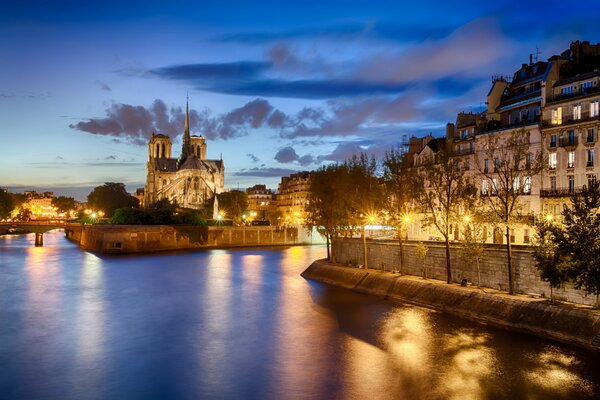 Notre Dame de Paris na wodzie ze światłami na wieczornym zachmurzonym niebie