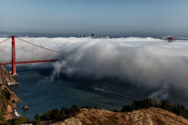 Soft fog over a suspension bridge in California