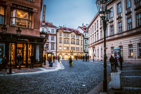 A cozy street in the Czech Republic. Beautiful buildings