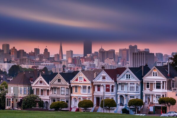 Evening photography of American houses. Beautiful sunset