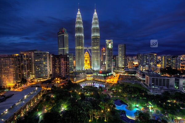 A night in Malaysia among tall houses