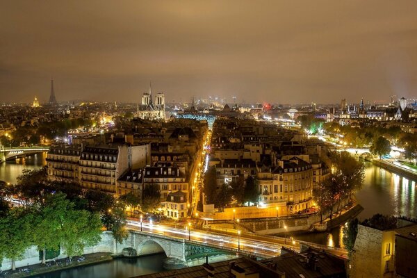 Panorama of Paris at night in spring